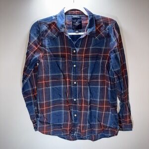 American Eagle Red Blue Plaid Women's Boyfriend Fit Size Small Western Grunge